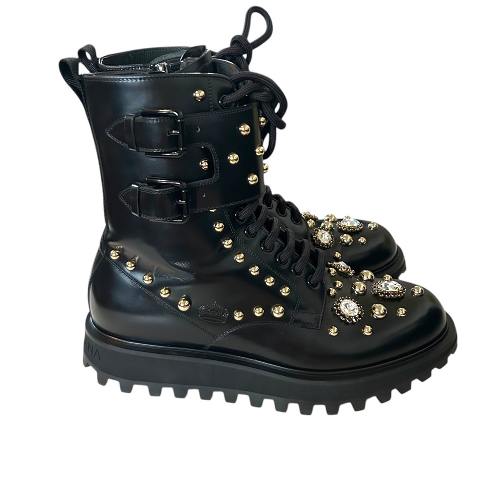 Dolce & Gabbana 9 Naxos combat boot studded jeweled lace‎ up zip crown embossed - Picture 15 of 16